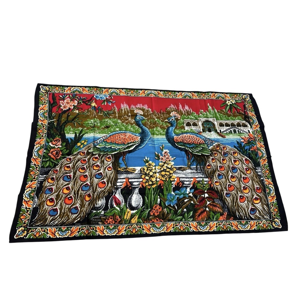 Vintage Wall Hanging Tapestry Peacocks Vibrant Colors 38x59 Colorful